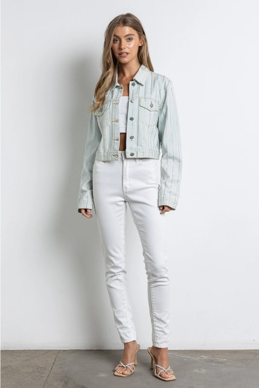 Rhinestone Button Down Cropped Denim Jacket