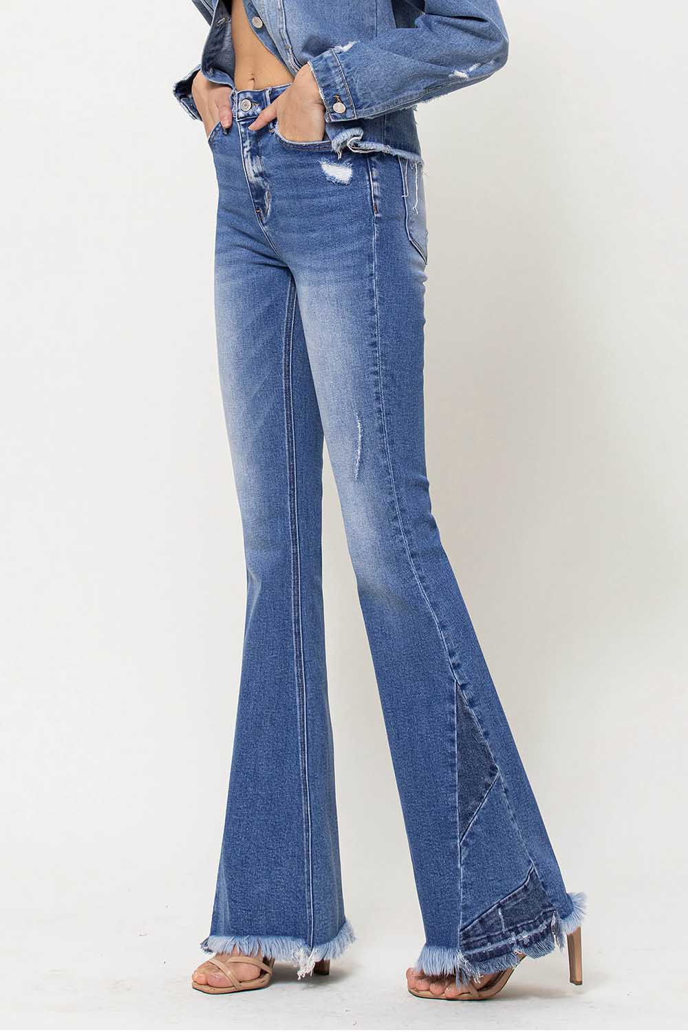 High Rise Side Panel Frayed Hem Super Flare Jeans