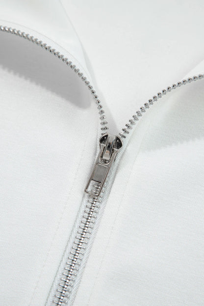 White Solid Color Zip Up Knit Puff Sleeve Jacket
