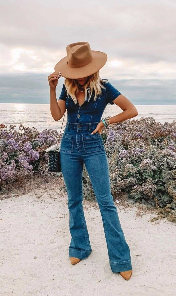 Bellbottom Denim Jumpsuit - 4330 Mid Den