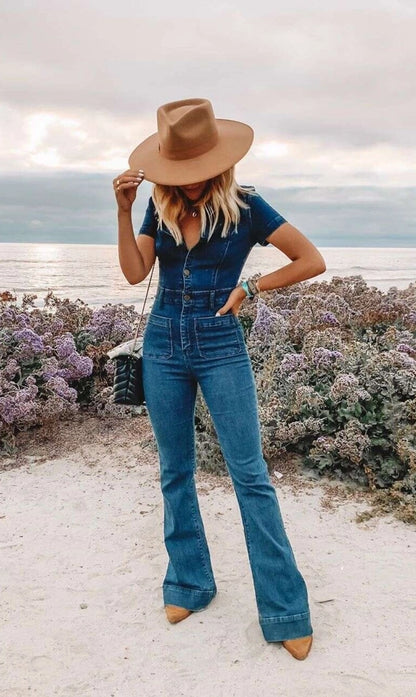 Bellbottom Denim Jumpsuit - 4330 Mid Den