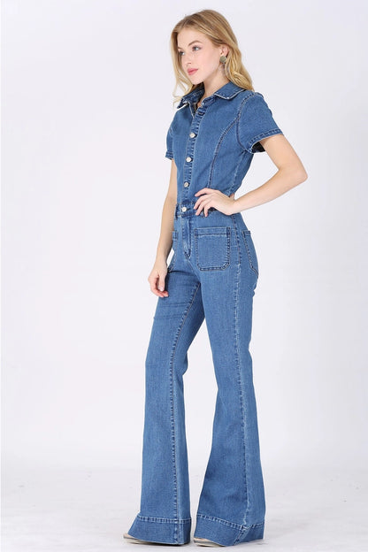 Bellbottom Denim Jumpsuit - 4330 Mid Den