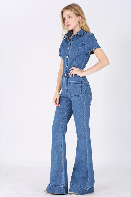 Bellbottom Denim Jumpsuit - 4330 Mid Den