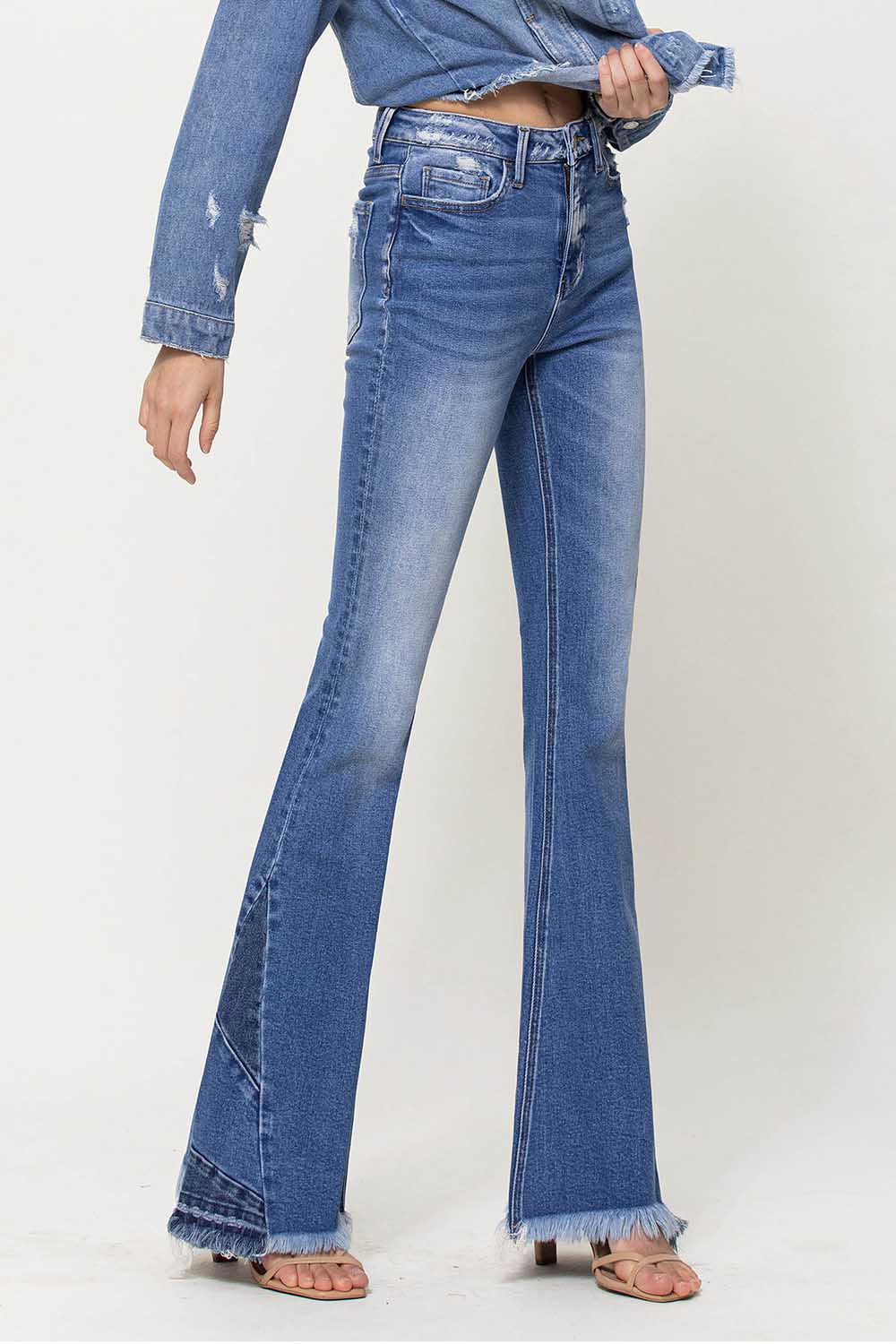High Rise Side Panel Frayed Hem Super Flare Jeans