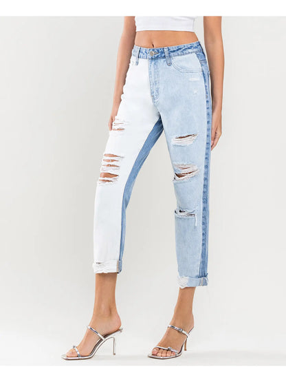 Super High Rise Color Block Cuffed Mom Jeans