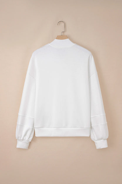 White Solid Color Zip Up Knit Puff Sleeve Jacket