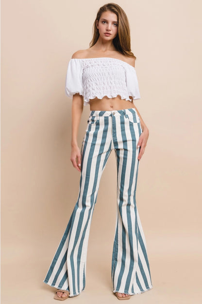 Striped Bellbottom Jeans - Teal 2001