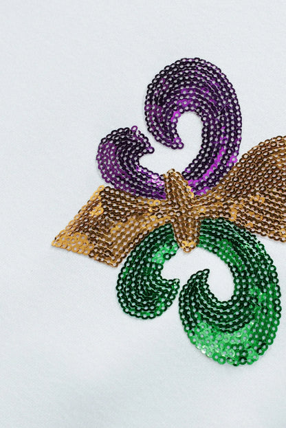 White Sequin Mardi Gras Graphic Pullover Sweatshirt