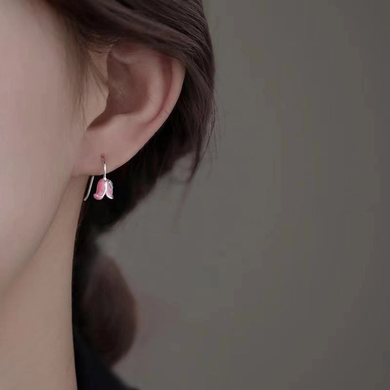 Pink Enamel Tulip Flower Earrings in 925 Sterling Silver