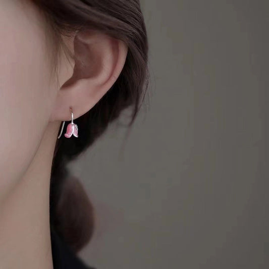 Pink Enamel Tulip Flower Earrings in 925 Sterling Silver