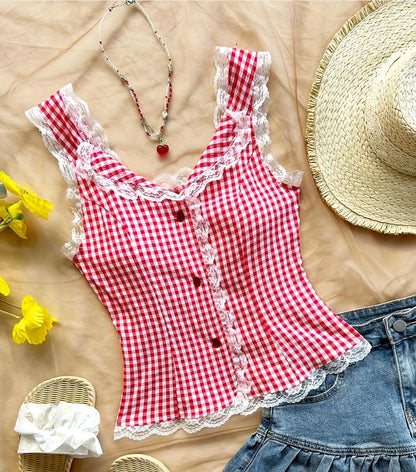 Lace Trim Preppy Basic Plaid Tank Top