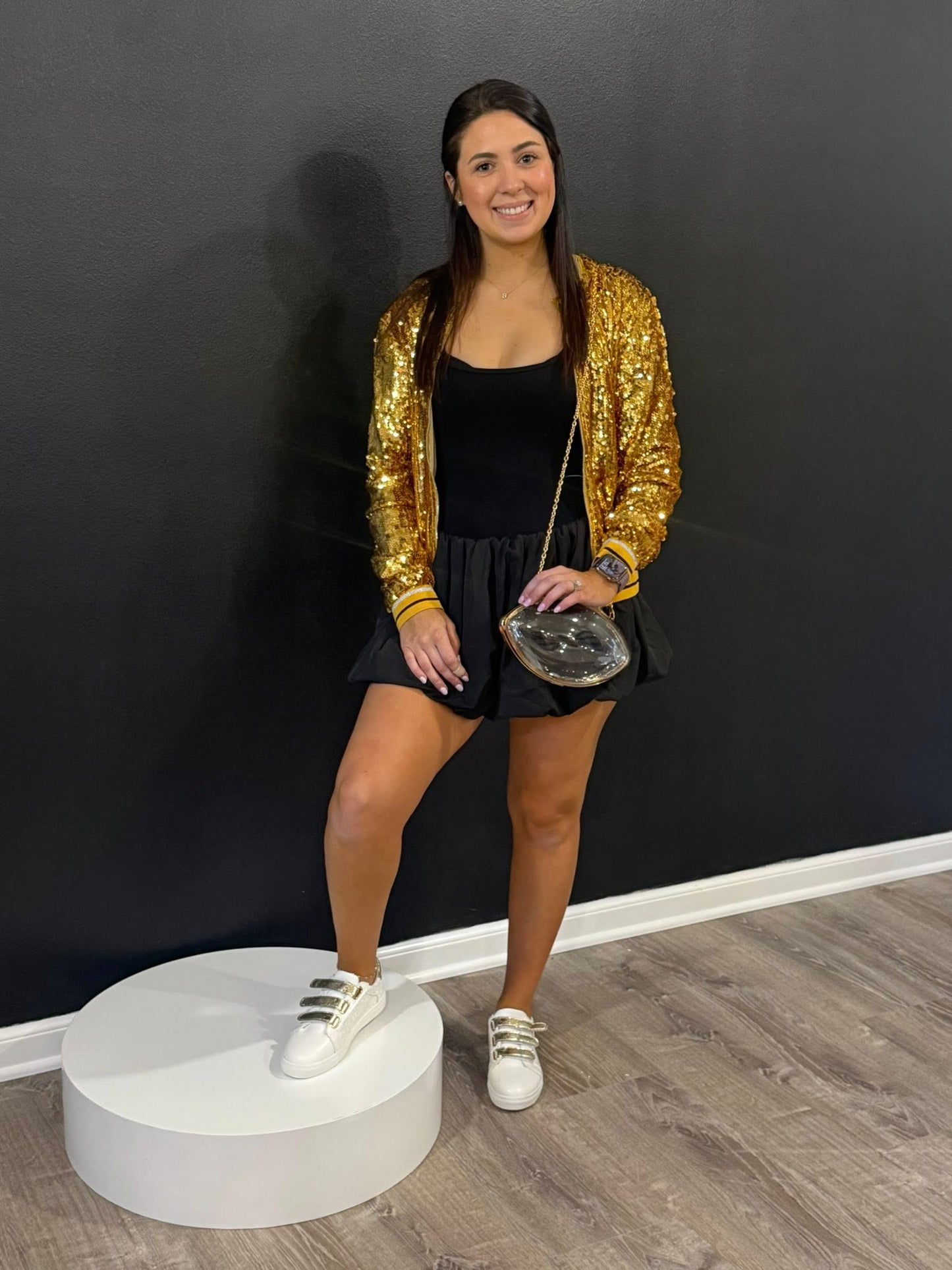 Striped Trim Party Sequin Bomber Jacket