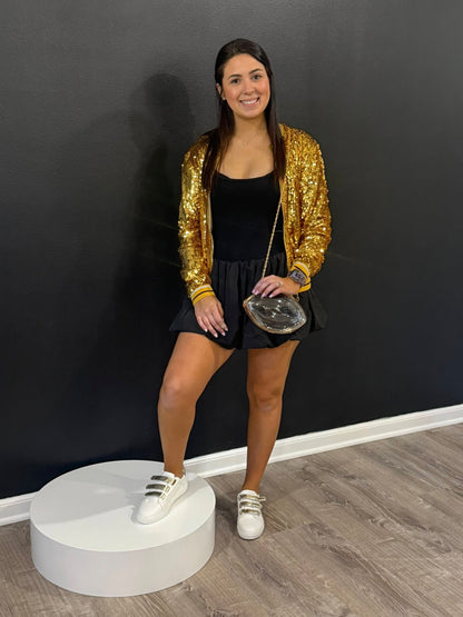 Striped Trim Party Sequin Bomber Jacket