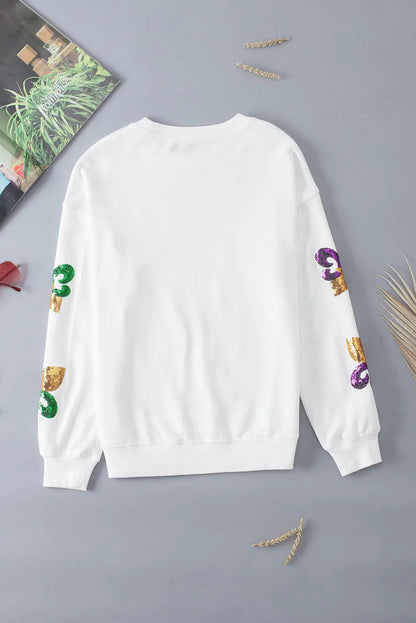 White Sequin Mardi Gras Graphic Pullover Sweatshirt