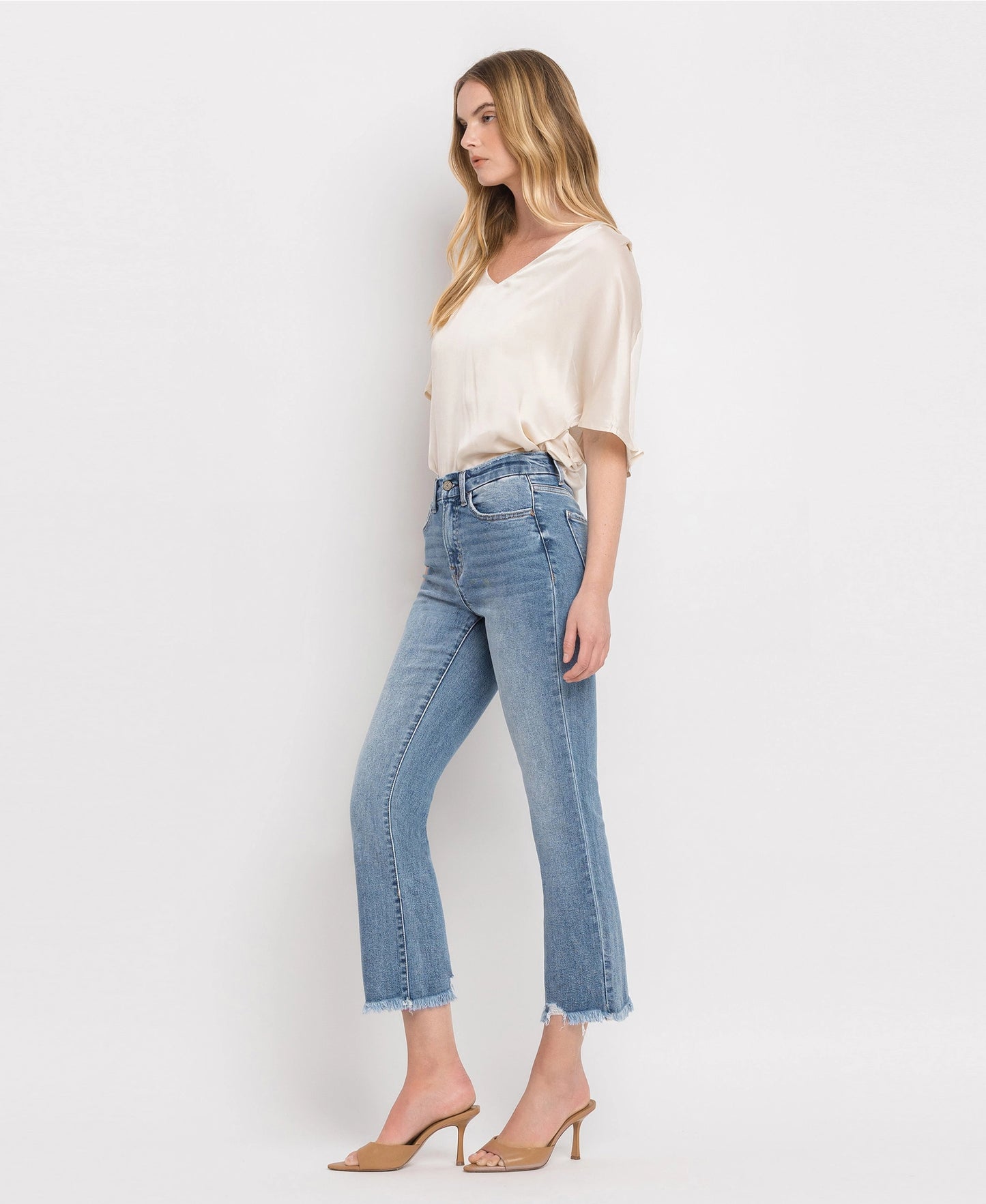 High Rise Frayed Hem Crop Flare Jeans (BELLA)