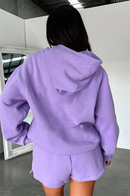 Basic Pocket Hoodie & Drawstring Short Set Outfits