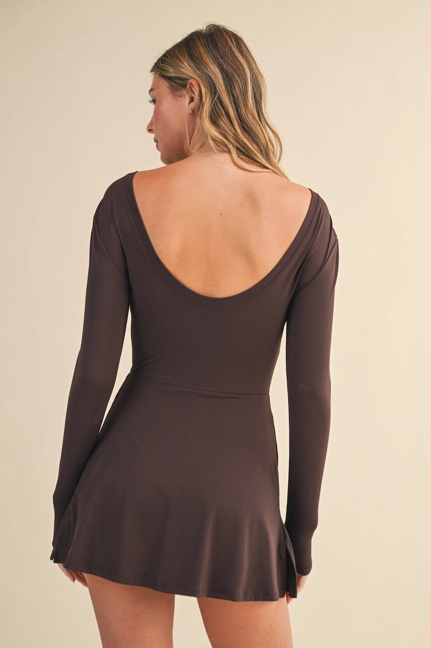 Brown Long Sleeve Wrap Tie Front Dress