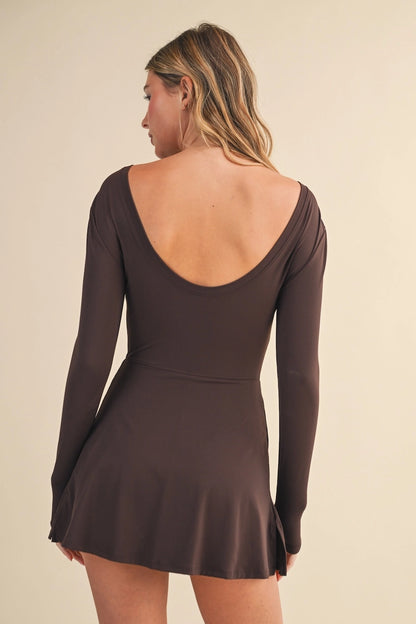 Brown Long Sleeve Wrap Tie Front Dress