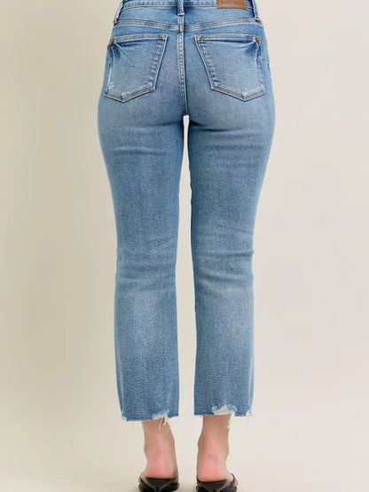 Judy Blue Mid Rise Vintage Wash Destroy Hem Kick Flare