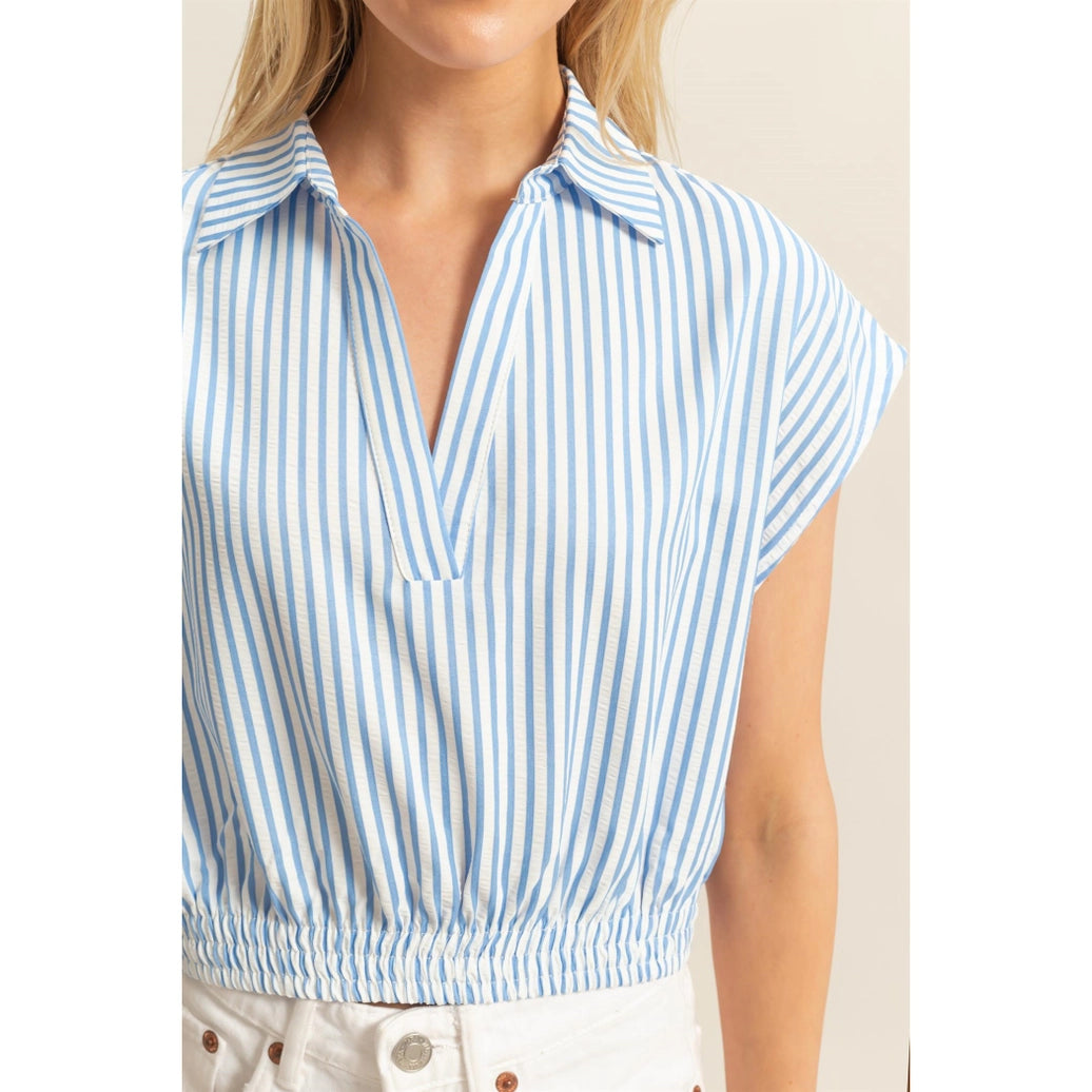 Textured Stripe Collared Crop Top