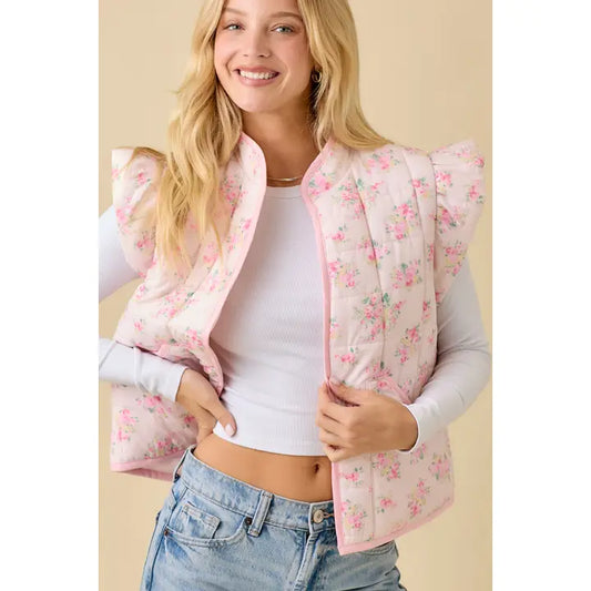 Floral Printed Ruffle Sleeve Puff Vest