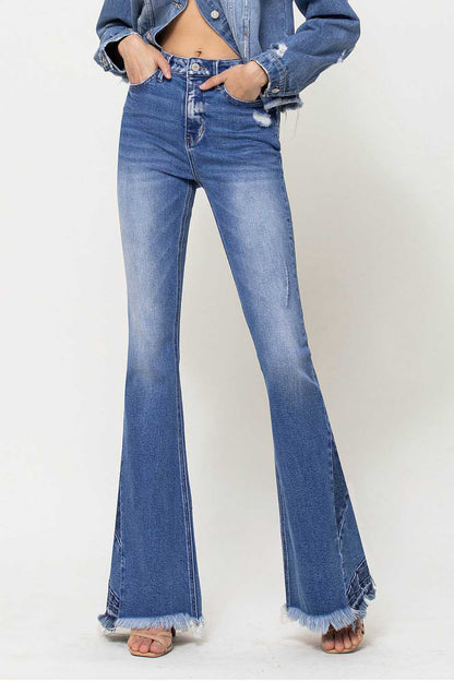 High Rise Side Panel Frayed Hem Super Flare Jeans