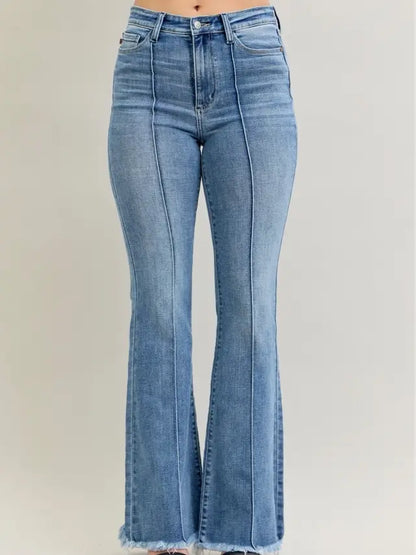 High Waisted Flare Front Pintuck Detail & Fray Hem