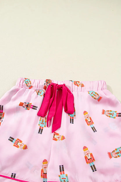 Pink Nutcracker Print Contrast Trim Tied up Bow Silky 2pcs Pajama Set