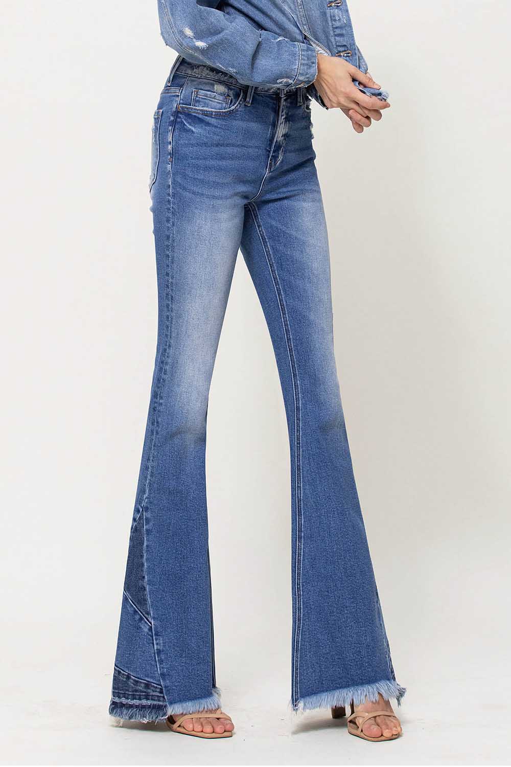High Rise Side Panel Frayed Hem Super Flare Jeans