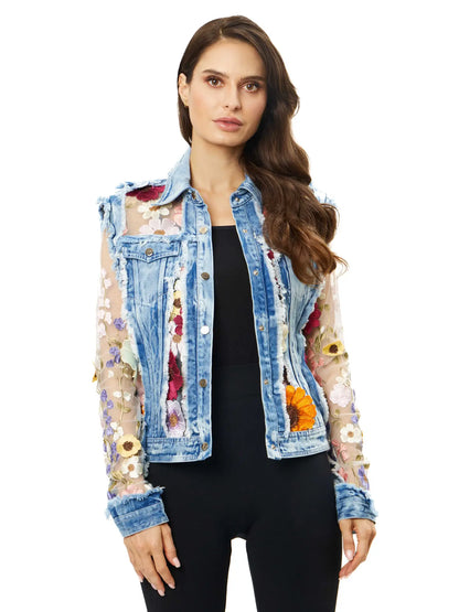 2406 - Denim Lace Jacket with Floral Embroidery