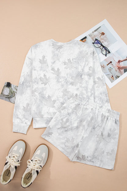 Beige Camo Print Pullover Top and Elastic Waist Casual Short Set