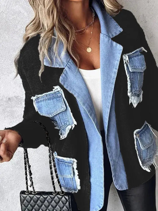 Black Denim Raw Edge Sweater Patchwork Coat