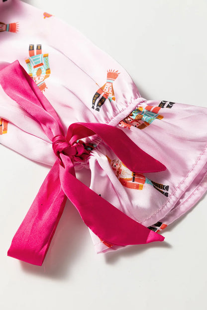 Pink Nutcracker Print Contrast Trim Tied up Bow Silky 2pcs Pajama Set