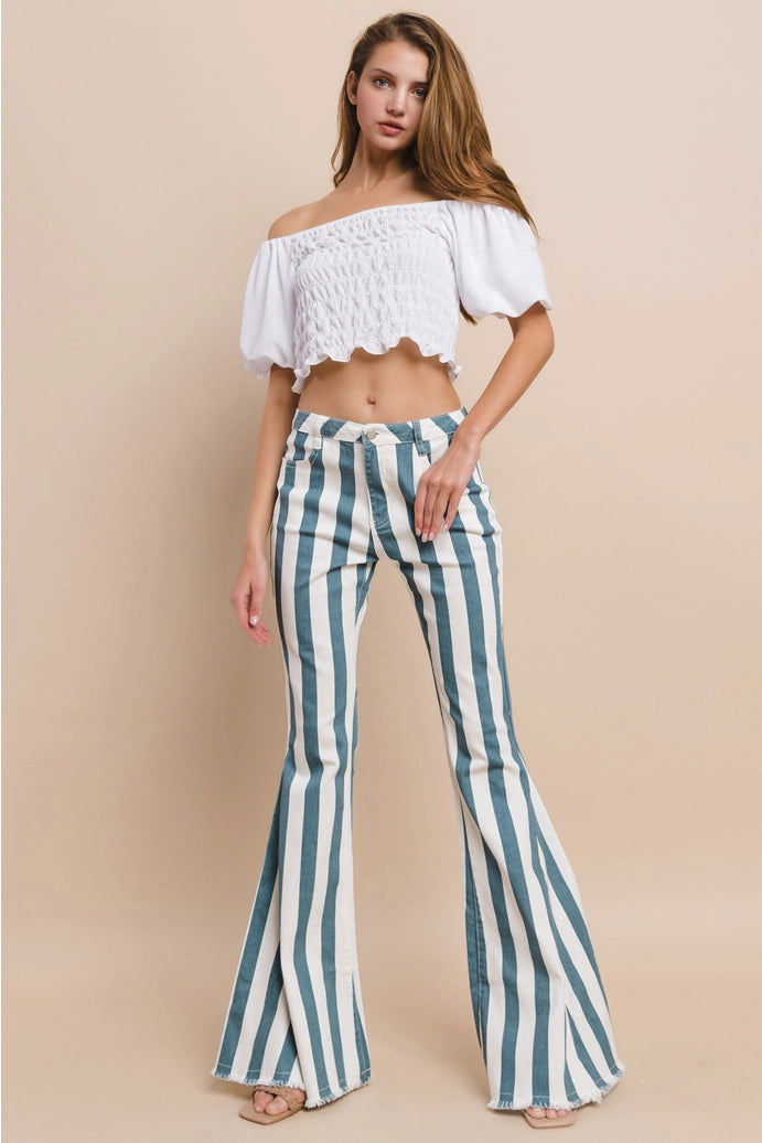 Striped Bellbottom Jeans - Teal 2001