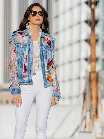 2406 - Denim Lace Jacket with Floral Embroidery