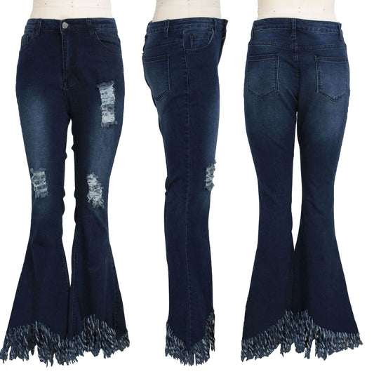 Western High Rise Fringe Ripped Flare Jeans