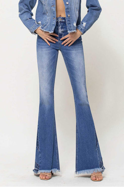 High Rise Side Panel Frayed Hem Super Flare Jeans