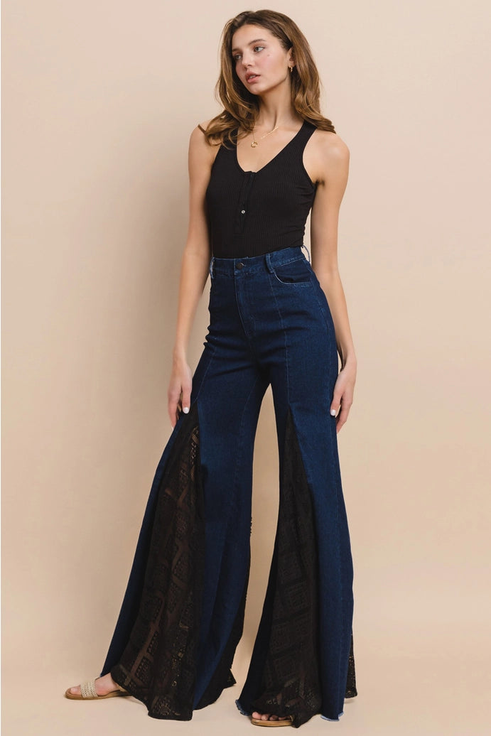 Lace Detail Wide Leg Jeans 2481PIB Dk Denim
