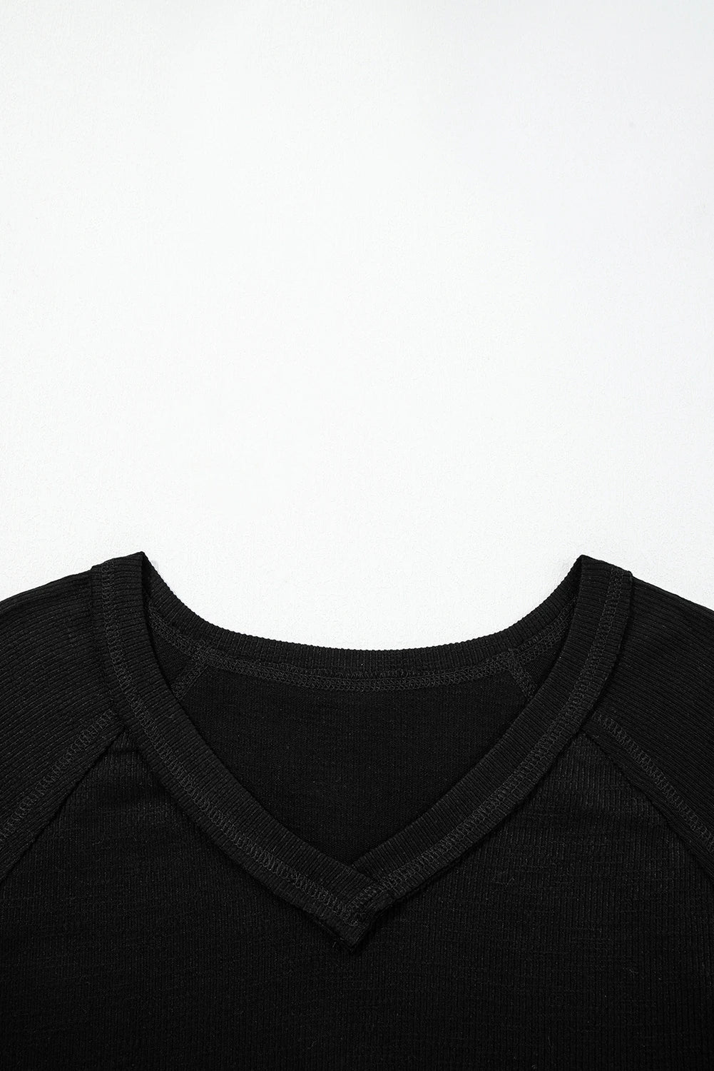 Black Exposed Seam Textured Knit V Neck Pullover Top