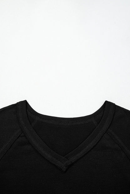 Black Exposed Seam Textured Knit V Neck Pullover Top
