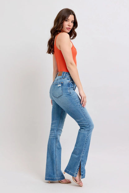 Judy Blue High High Waist Tummy Control Vintage Wash Side Slit Bootcut, Inseam 32"