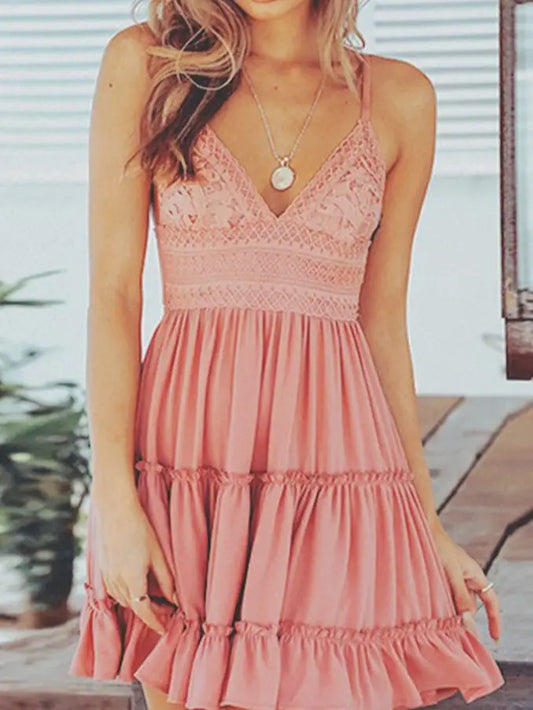 Sexy Lace Panelled Backless Suspender A-Line Dress