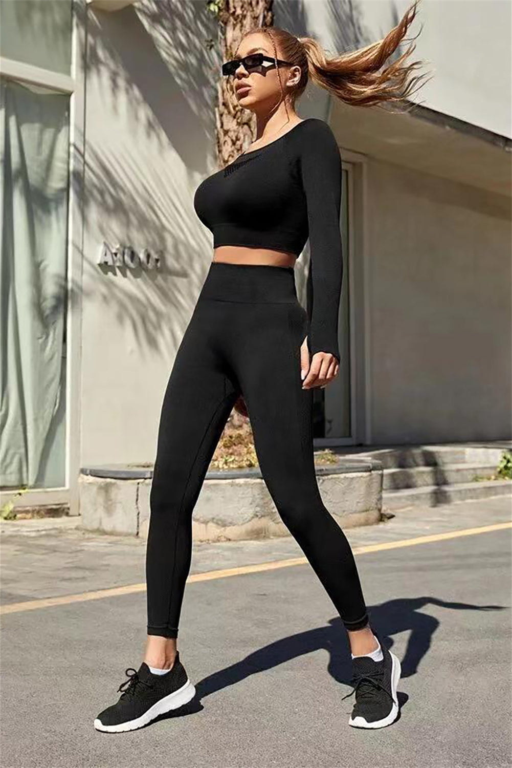 Black Solid Color Long Sleeve Crop Top Leggings Yoga Sports Set