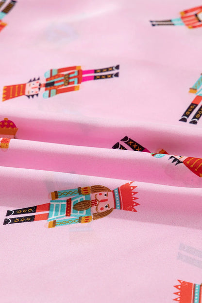 Pink Nutcracker Print Contrast Trim Tied up Bow Silky 2pcs Pajama Set