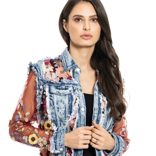 Denim Jacket with Floral Embroidery