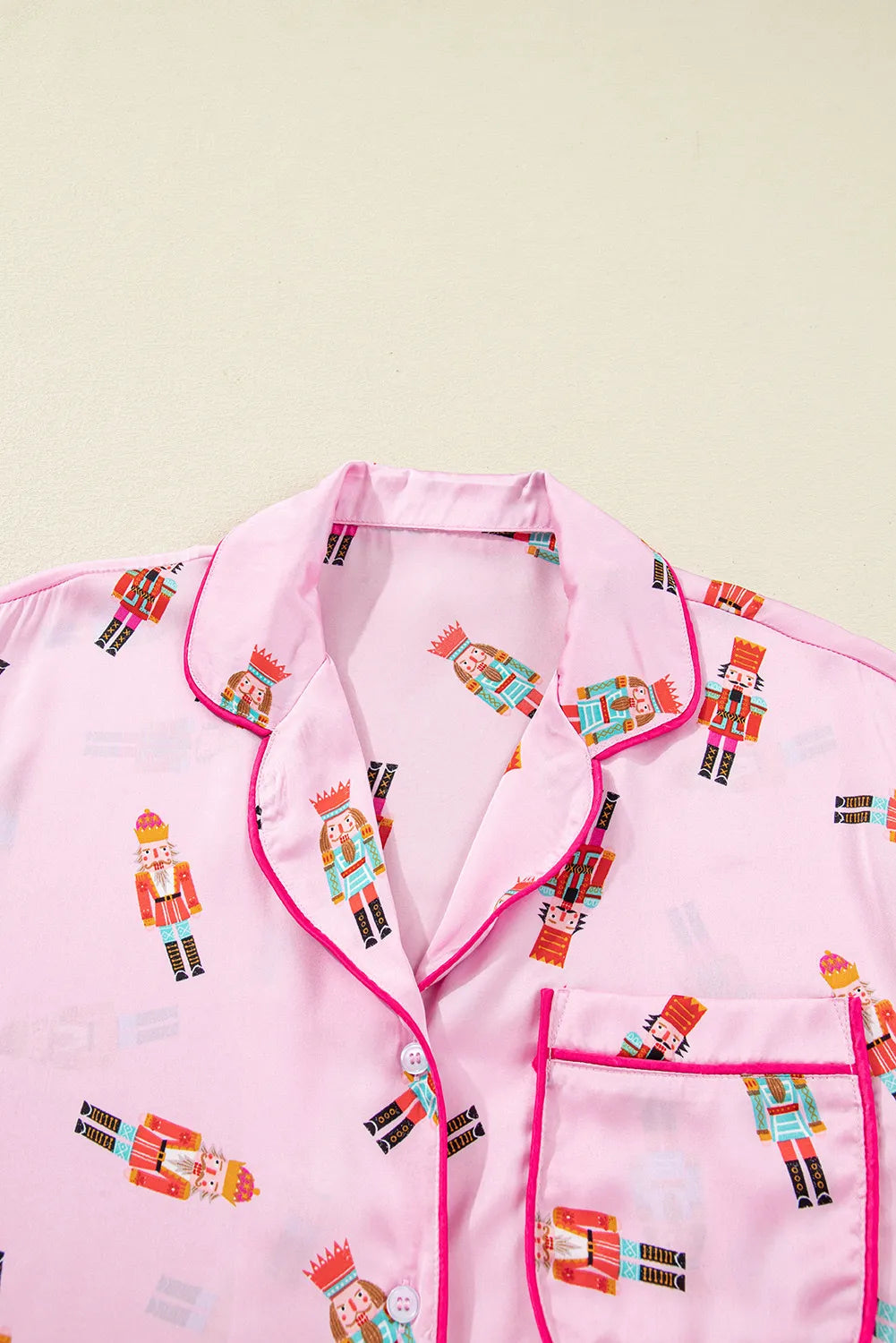 Pink Nutcracker Print Contrast Trim Tied up Bow Silky 2pcs Pajama Set