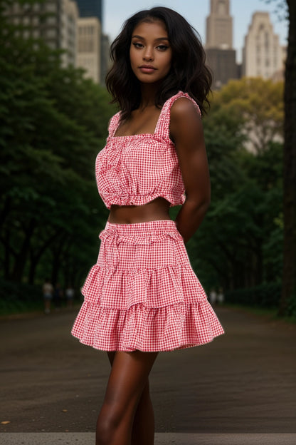 Gingham Plaid Sleeveless Crop Top and Skirt Set