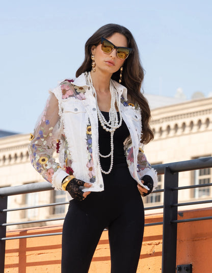 White Denim Jacket with Floral Embroidery