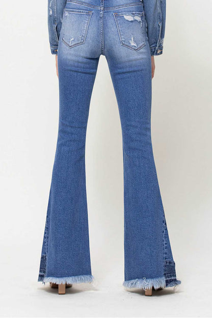 High Rise Side Panel Frayed Hem Super Flare Jeans