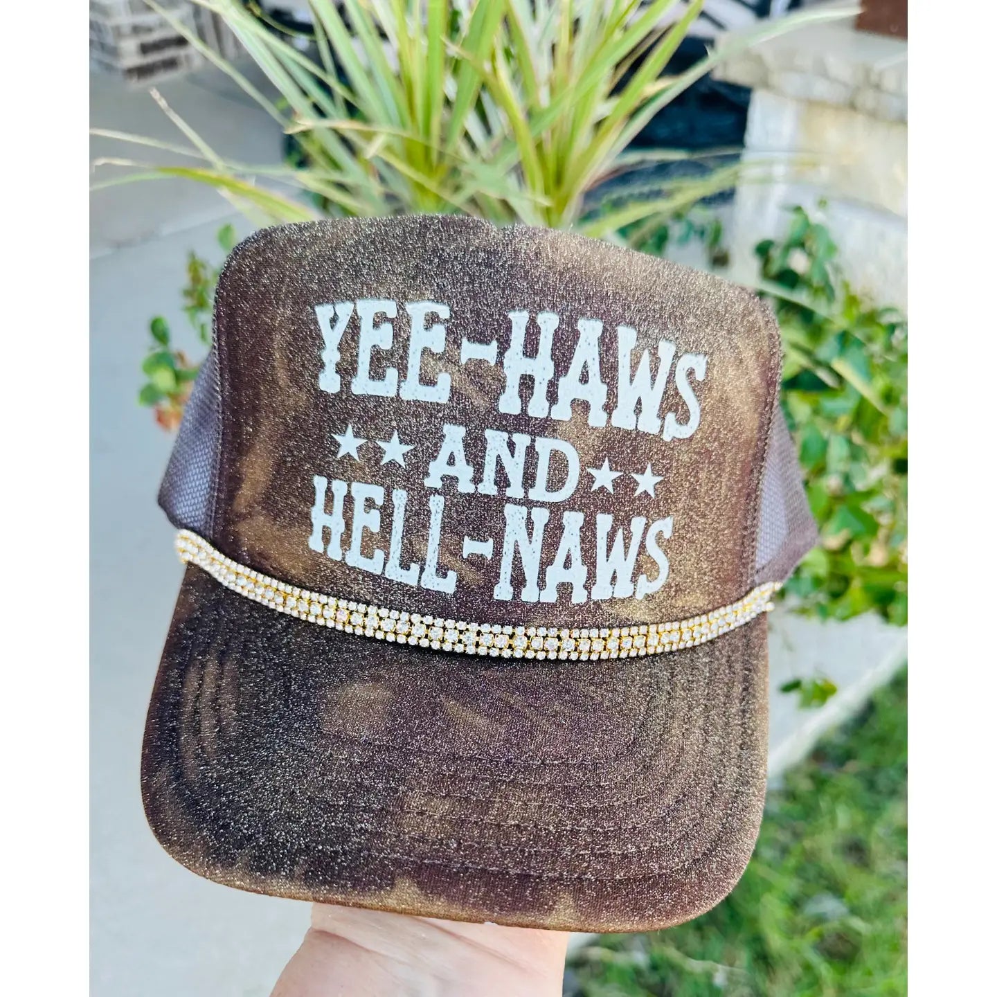 Yee Haws and Hell Naws Painted Dtf Printed Brown Trucker Hat